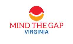 A logo with a red and orange circular graphic above the words MIND THE GAP in red and VIRGINIA in blue on a white background.