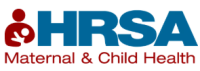 HRSA logo with a red icon of a person holding a baby, and blue letters HRSA. Below, text reads Maternal & Child Health in red.