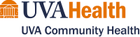 Logo for UVA Health and UVA Community Health. The design features an orange Rotunda icon, UVA in navy blue, Health in orange, and UVA Community Health beneath in navy blue text.