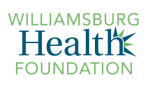 Williamsburg Health Foundation logo with Williamsburg and Foundation in green, and Health in blue. The letter H in Health features a blue and green radiating starburst design.